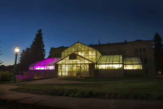 Image of Williams Conservatory lit up at night with grow lights