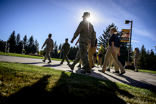 Veterans walking on campus