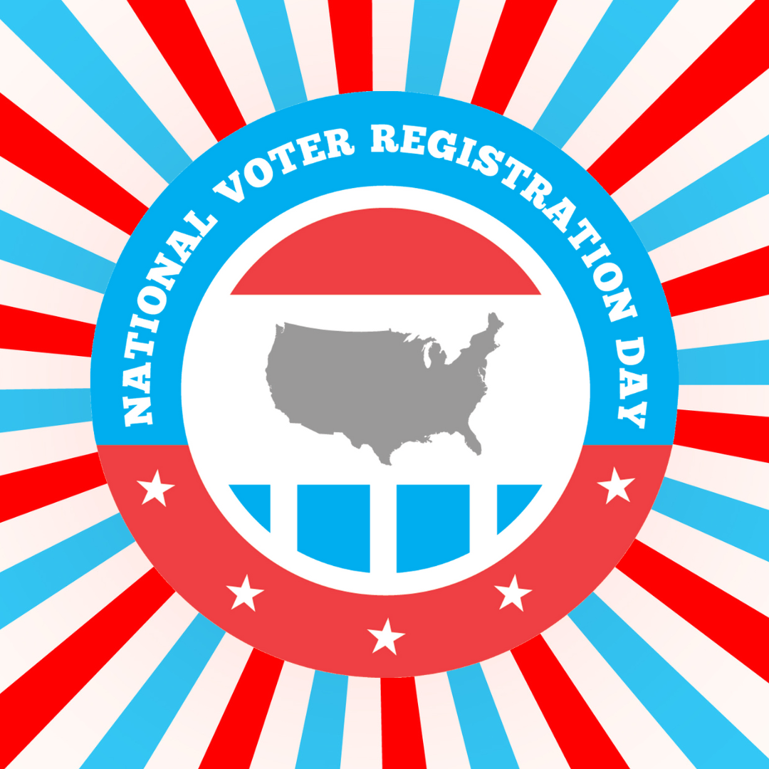 National Voter Registration Day logo featuring an outline of the United States and red, white, and blue elements. 