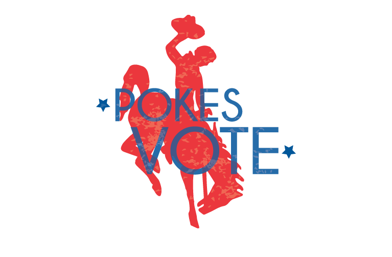 A red cowboy riding a bucking horse with the words "Pokes Vote" overlaid in blue