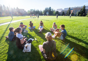 A group of UW students from a student organization sit in a circle outside on UW’s campus