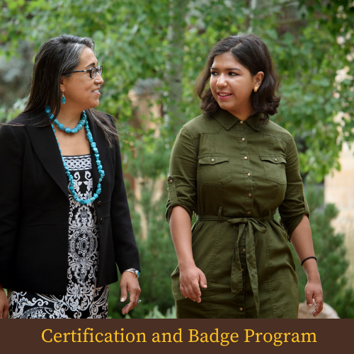 Certification and Badge Program labeled on photo of two UW women walking outside together 