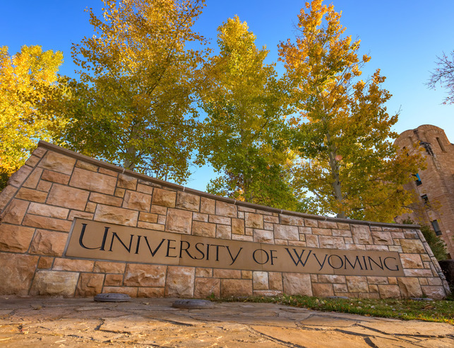 The University of Wyoming stone sign outside of the Wyoming Union in Simpson Plaza