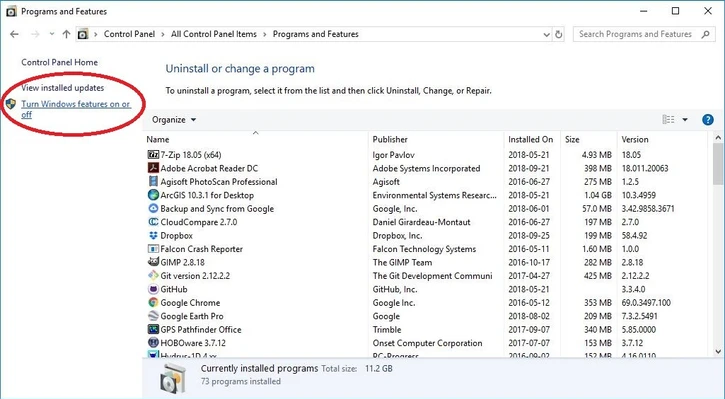 Window's programs and features panel