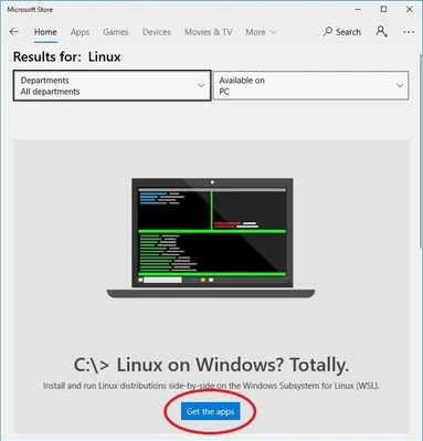 Search result for Linux in Microsoft store