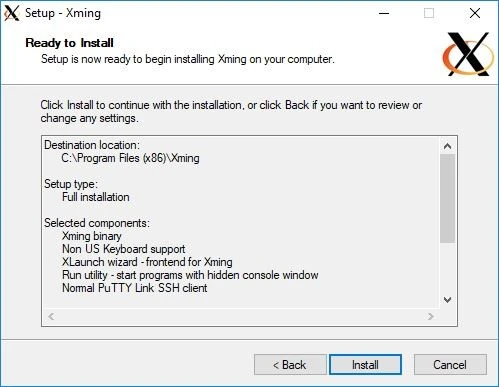 Setup panel for Xming