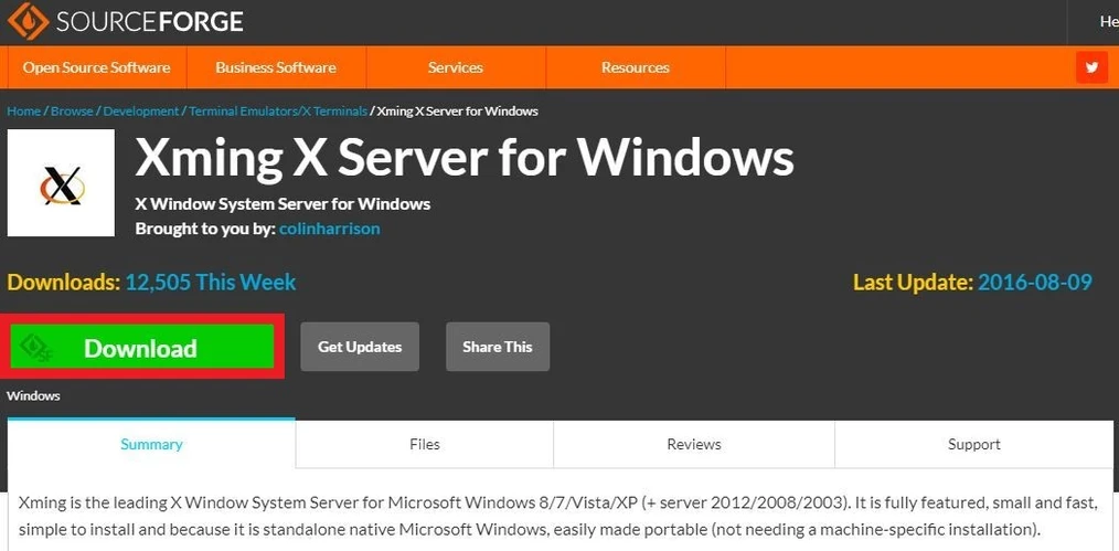 Screenshot of a webpage where you can download Xming X Server for Windows