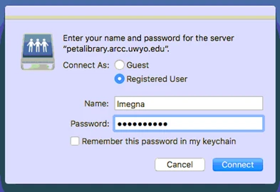Mac dialog box that shows logging into a server.