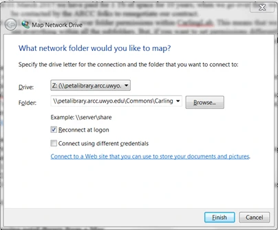 Image of a windows dialog box asking what network drive a user would like to map.
