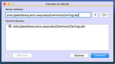 Mac dialog box that shows how to connect to a server.