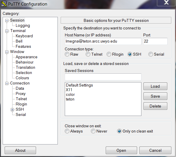 PuTTY Configuration settings window