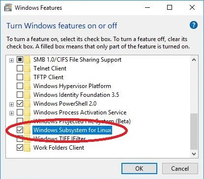 Windows's turn features on or off panel
