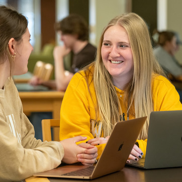 Two female students talking at computer