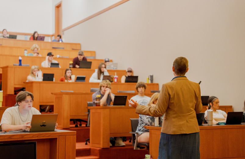 UW students take notes on their computers during a lecture at the University of Wyoming.