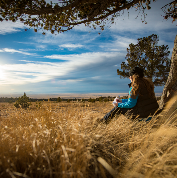A student sitting next to a tree in a wide open field