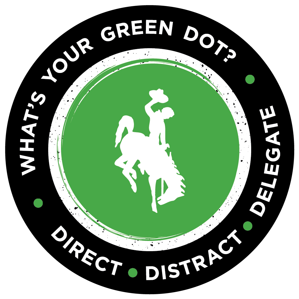 Green Dot Logo which is a green circle in the center with the UW bucking horse logo, and around the green dot is a white ring and a black ring with the text in white with green dots between the words that says What's Your Green Dot? Direct Distract Delegate