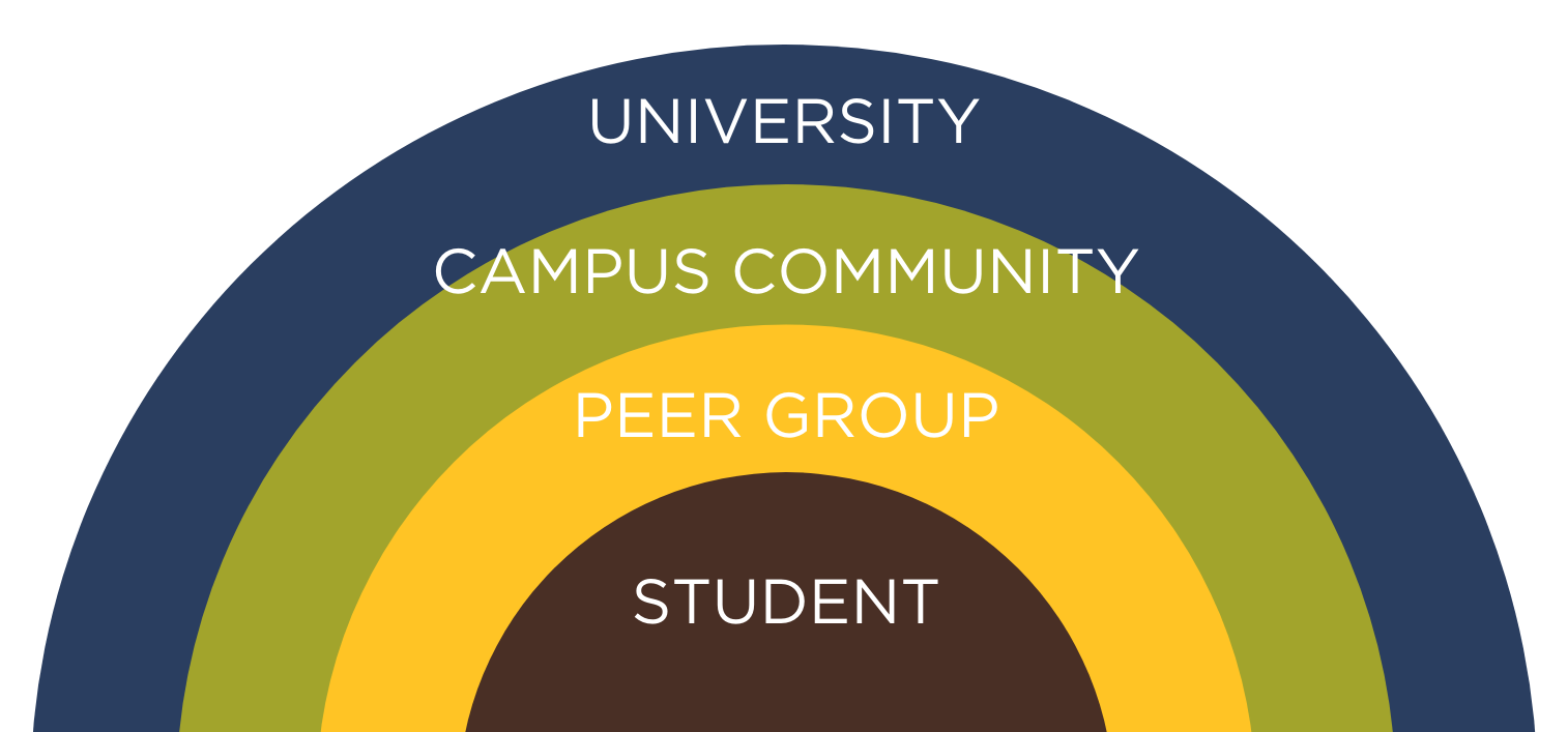 A rainbow with 4 colors that say from the inside out Student, Peer Group, Campus Community, and University