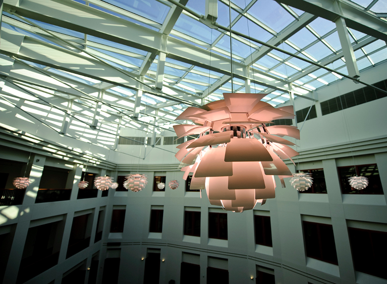 image of the chandeliers in the college of business atrium