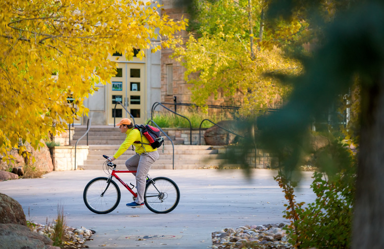 Person riding a bike across campus surrounded by autumn leaves