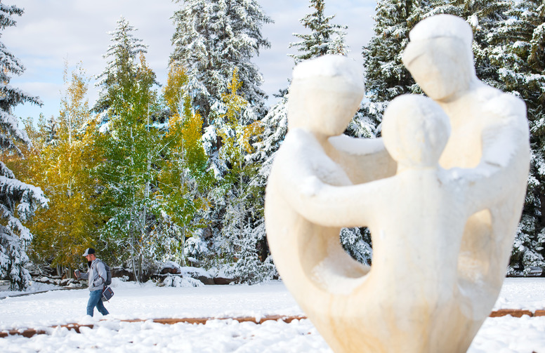 A statue in the winter on Prexy's Pasture