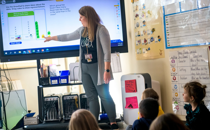 Teacher standing at the board in front of her class