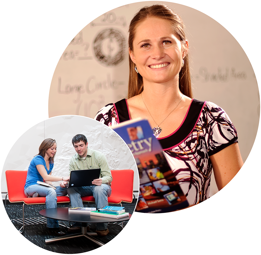 student holding book and students studying
