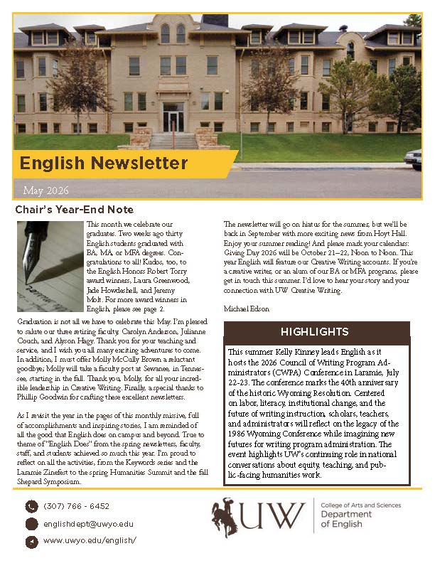 English department newsletter for May 2026 page one