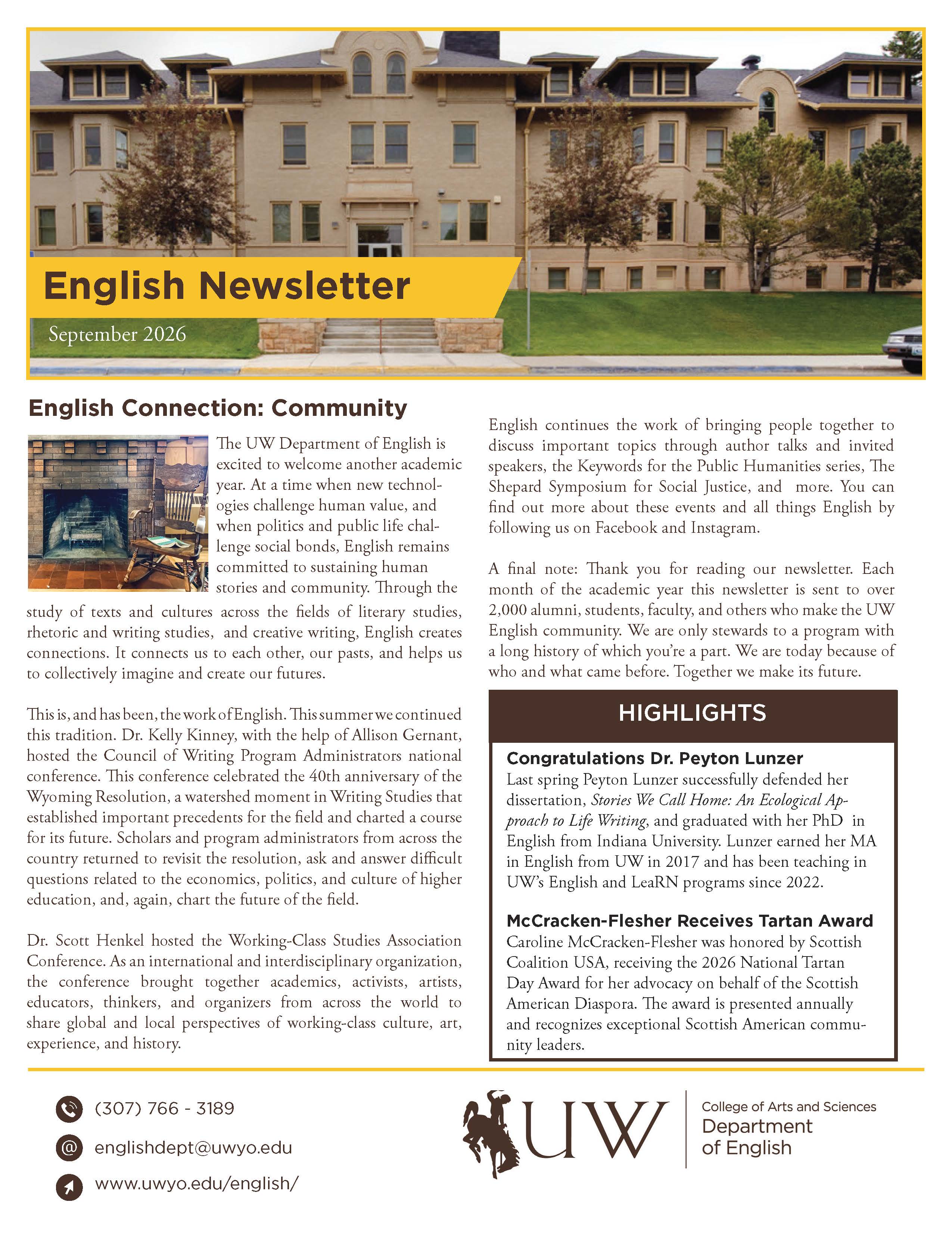 page one of English department September newsletter