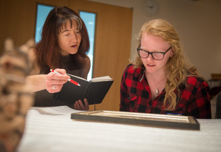 Student and teacher study a photograph