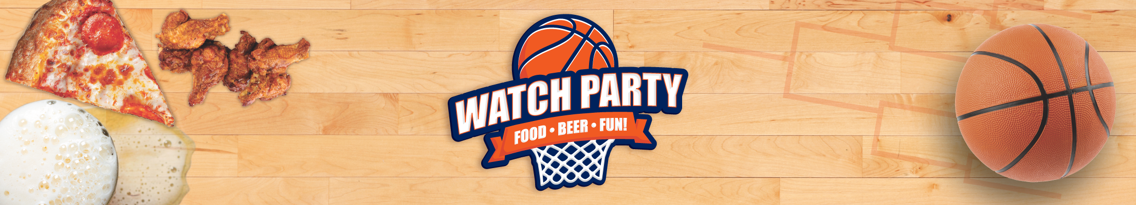 close up of basketball court with beer, pizza, and wings