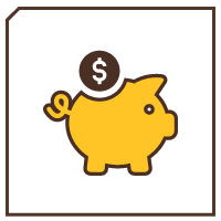 Brown square with a gold icon of a piggy bank and coin