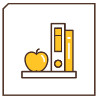Brow square with an icon of books on a shelf with an apple