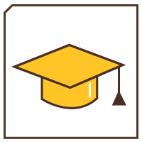 Brown square with a gold icon of a graduation cap