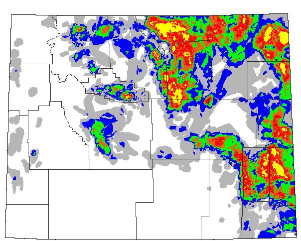Fig. 1 (Updated from the 1960-93 map) Spatial distribution of rangeland   grasshopper outbreaks in Wyoming from 1944 to 1994