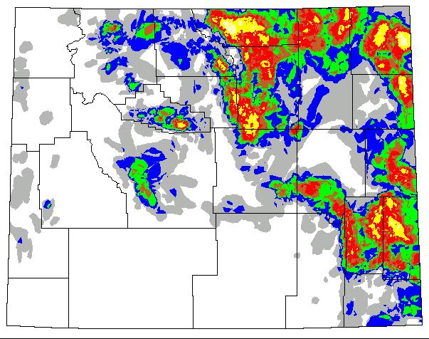 Fig. 1 (Updated from the 1960-93 map) Spatial distribution of rangeland   grasshopper outbreaks in Wyoming from 1944 to 1996
