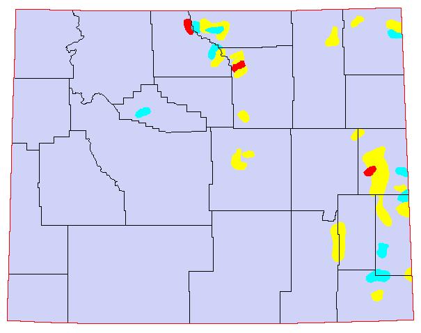 1951, Yellow = 8-11 Grasshoppers per square yard; Blue = 12-24 Grasshoppers per square yard; Red = >24 Grasshoppers per square yard.