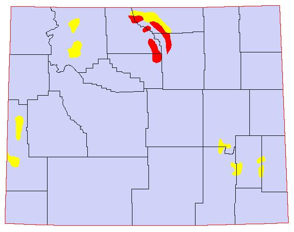 1953, Yellow = 8-11 Grasshoppers per square yard; Blue = 12-24 Grasshoppers per square yard; Red = >24 Grasshoppers per square yard.