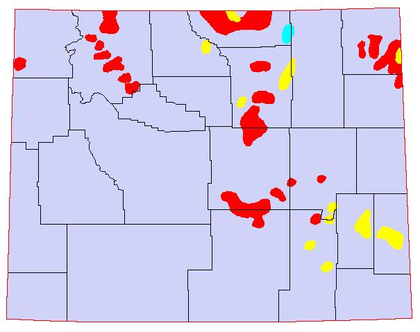1956, Yellow = 8-11 Grasshoppers per square yard; Blue = 12-24 Grasshoppers per square yard; Red = >24 Grasshoppers per square yard.