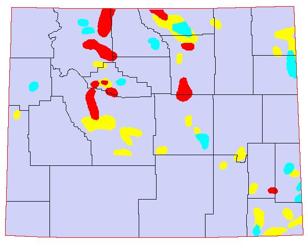 1957, Yellow = 8-11 Grasshoppers per square yard; Blue = 12-24 Grasshoppers per square yard; Red = >24 Grasshoppers per square yard.