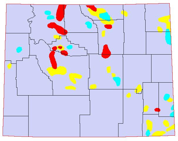 1958, Yellow = 8-11 Grasshoppers per square yard; Blue = 12-24 Grasshoppers per square yard; Red = >24 Grasshoppers per square yard.
