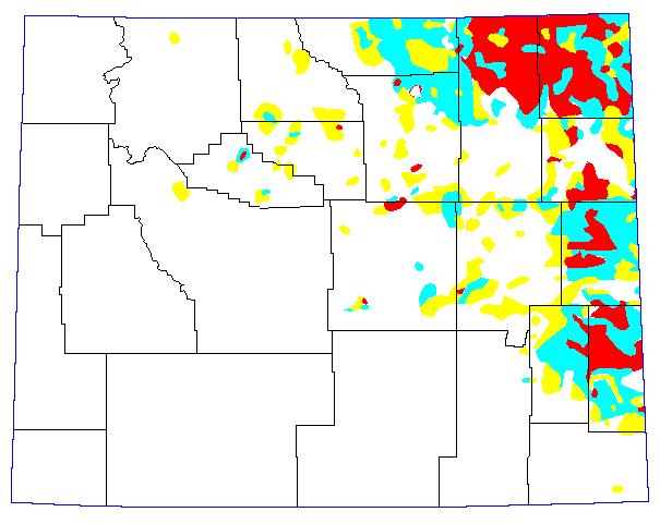 1987, Yellow = 6-11 Grasshoppers per square yard; Blue = 12-24 Grasshoppers per square yard; Red = >24 Grasshoppers per square yard.