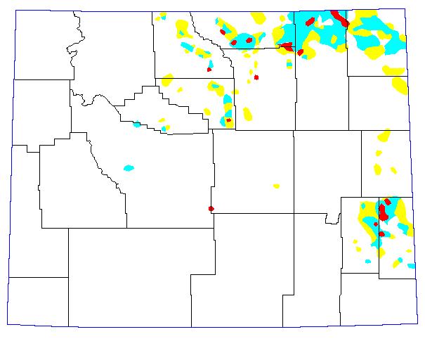 1988, Yellow = 6-11 Grasshoppers per square yard; Blue = 12-24 Grasshoppers per square yard; Red = >24 Grasshoppers per square yard.
