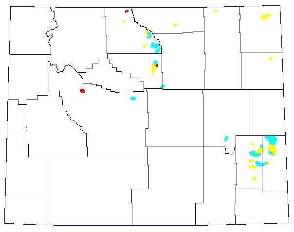 1989, Yellow = 8-11 Grasshoppers per square yard; Blue = 12-24 Grasshoppers per square yard; Red = >24 Grasshoppers per square yard.