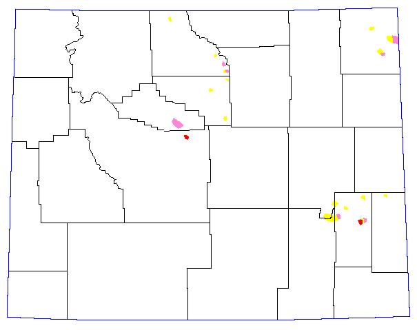 1992, Yellow = 8-11 Grasshoppers per square yard; Pink = 12-24 Grasshoppers per square yard; Red = >24 Grasshoppers per square yard.