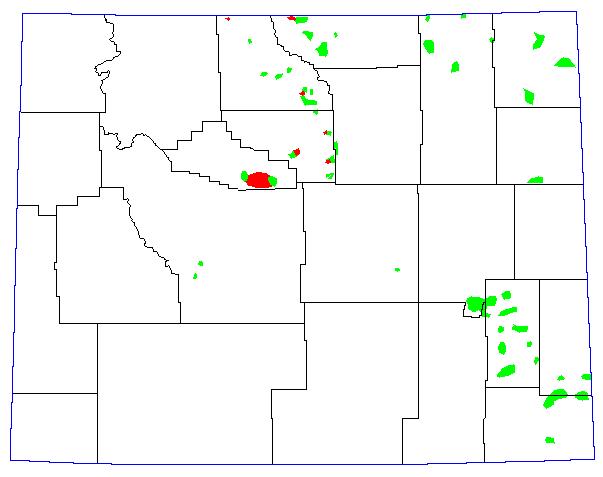 1994, Bright Green = 8-24 Grasshoppers per square yard; Red = >24 Grasshoppers per square yard.