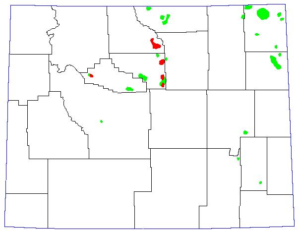 1995, Bright Green = 8-24 Grasshoppers per square yard; Red = >24 Grasshoppers per square yard.