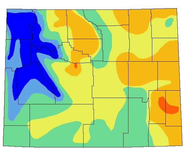 Fig. 5. Mean annual potential evapotranspiration map of Wyoming, map adapted   from Marston (1990)