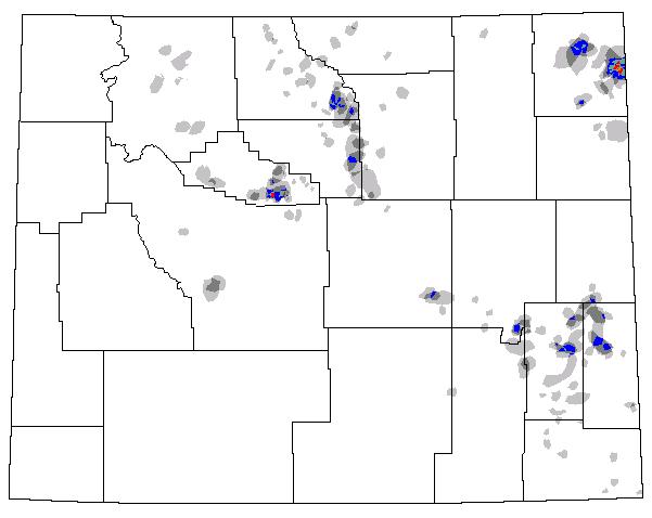 Fig. 6. Spatial distribution of rangeland grasshopper outbreaks for the years when less than 300,000 ha were infested 