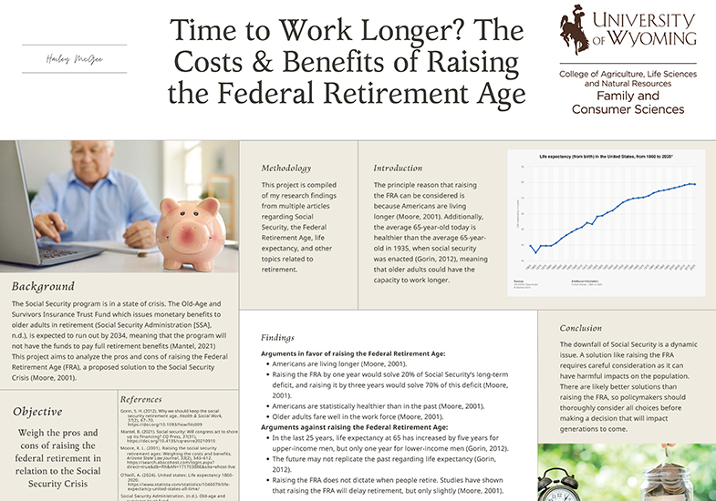 a research poster from the human development and family sciences program exploring raising the federal retirement age
