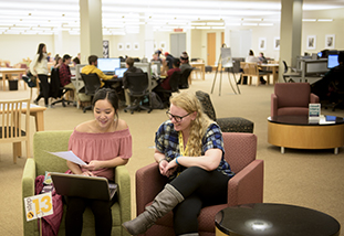two family and consumer sciences students in a well-designed library